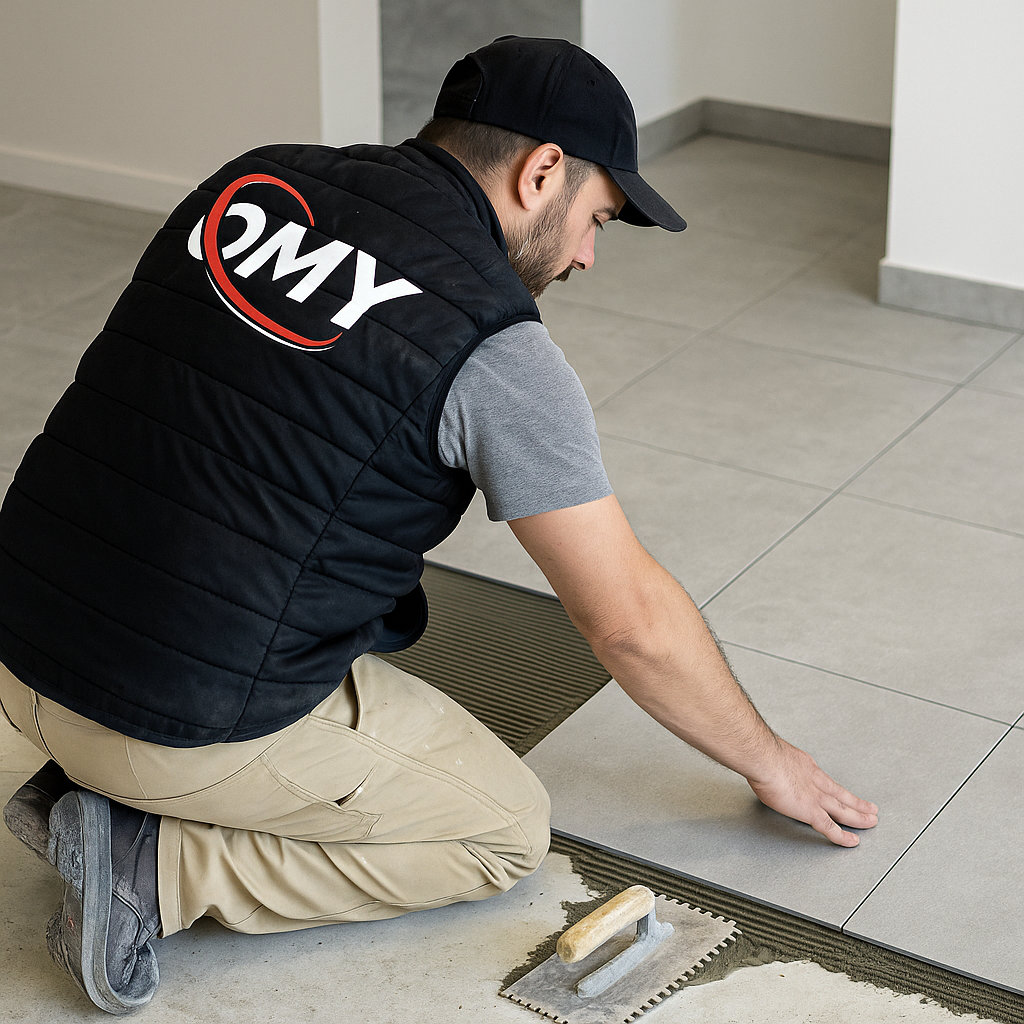 Artisan OMY Concept posant du carrelage